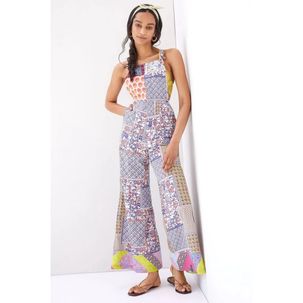 Anthro Let Me Be Patchwork Floral Jumpsuit S White Blue - Picture 1 of 12